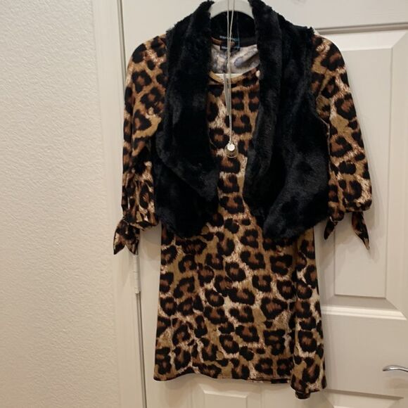 Sequin Hearts Girl Sz 14 Leopard Dress Faux Fur Vest Silver Necklace 3 Piece Set - Picture 2 of 8